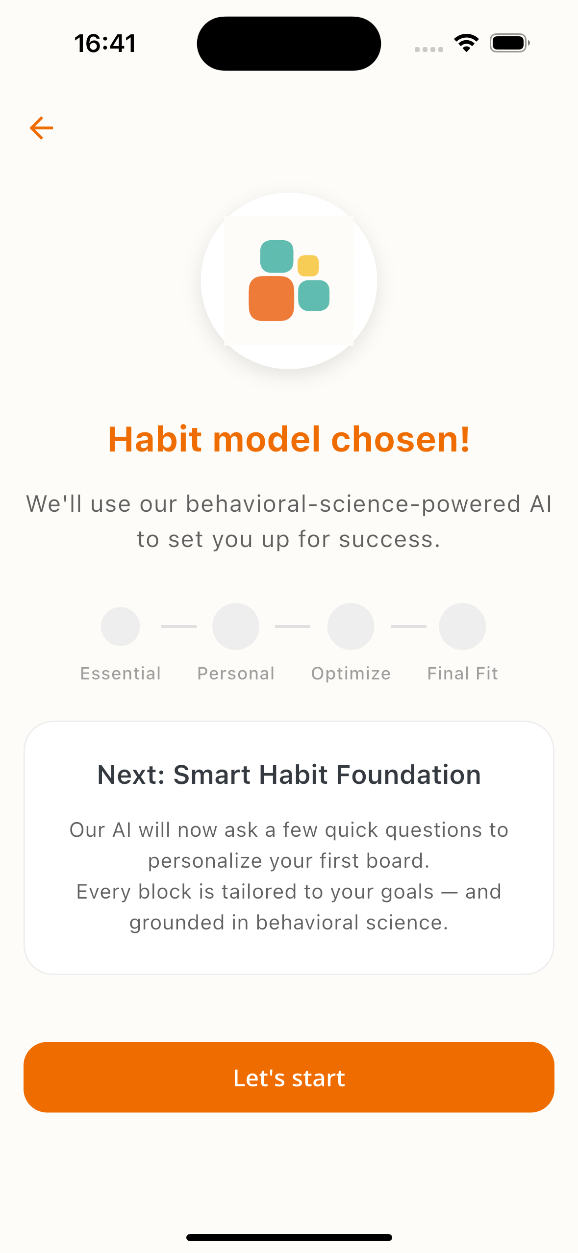 HabitBlocks AI-guided onboarding screen with personalized recommendations