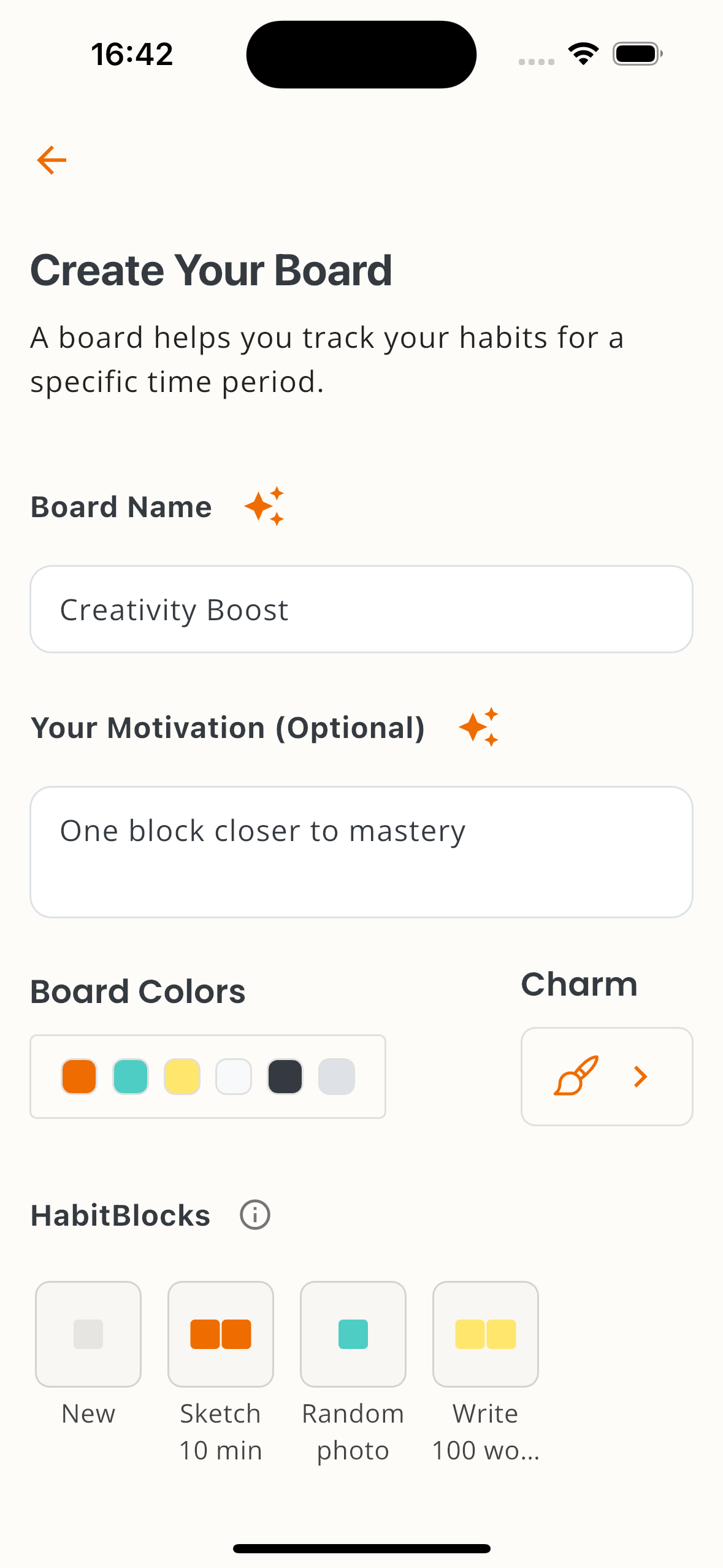 HabitBlocks board creation screen with color and habit selection options