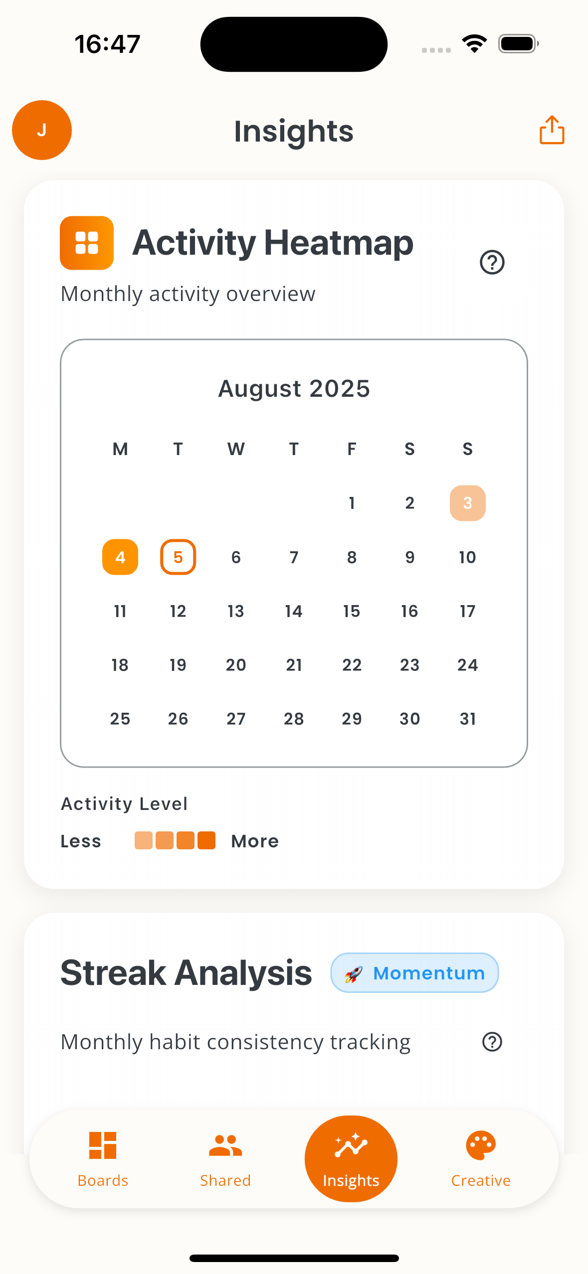 HabitBlocks insights screen showing progress heatmap and streak tracking